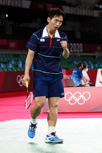 Choi Solgyu and Seo Seungjae of Team South Korea react as they compete against Mohammad Ahsan and Hendra Setiawan of Team Indonesia during a Men's...
