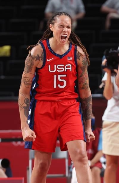 Brittney Griner of Team United States celebrates against Nigeria during a Women's Preliminary Round Group B game on day four of the Tokyo 2020...