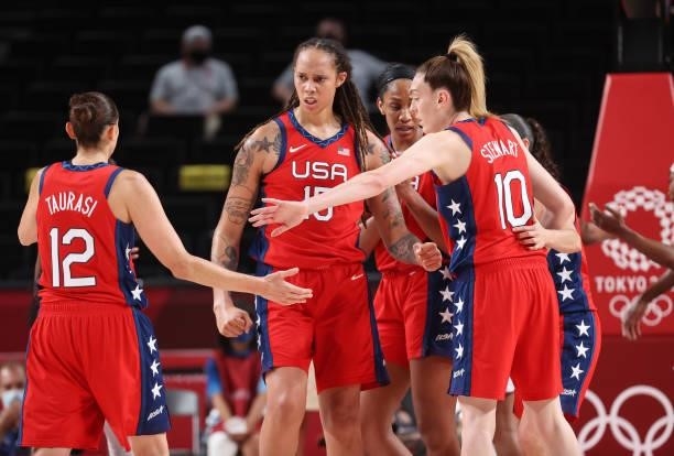 Brittney Griner of Team United States celebrates against Nigeria during a Women's Preliminary Round Group B game on day four of the Tokyo 2020...