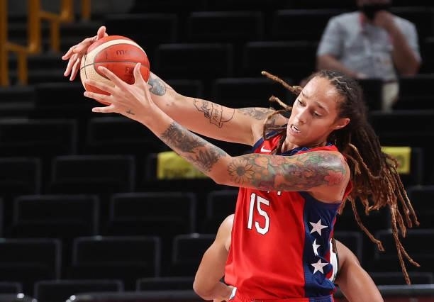 Brittney Griner of Team United States grabs the ball against Nigeria during a Women's Preliminary Round Group B game on day four of the Tokyo 2020...