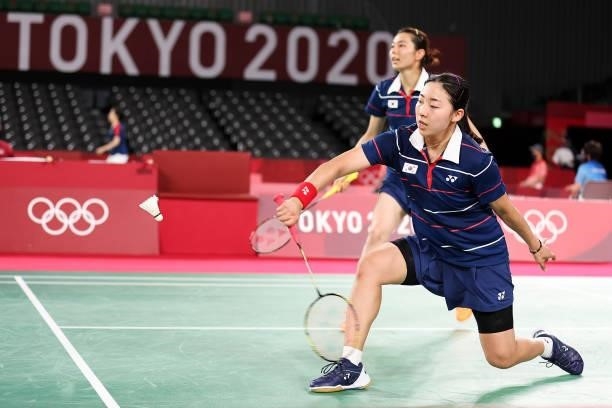 Kim Soyeong and Kong Heeyong of Team South Korea compete against Chen Qing Chen and Jia Yi Fan of Team China during a Women’s Doubles Group D match...