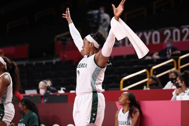 Aisha Mohammed of Team Nigeria celebrates against United States of America during a Women's Preliminary Round Group B game on day four of the Tokyo...