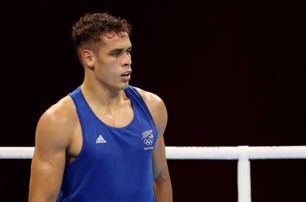 David Nyika of New Zealand reacts during the Men's Heavy on day four of the Tokyo 2020 Olympic Games at Kokugikan Arena on July 27, 2021 in Tokyo,...