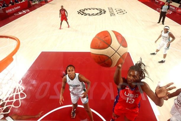 Sylvia Fowles of Team United States goes up for a shot against Nigeria during a Women's Preliminary Round Group B game on day four of the Tokyo 2020...