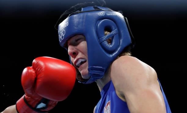 Karolina Koszewska of Poland reacts during the Women's Welter on day four of the Tokyo 2020 Olympic Games at Kokugikan Arena on July 27, 2021 in...