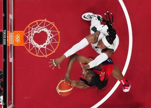 Sylvia Fowles of Team United States goes up for a shot against Elizabeth Balogun of Team Nigeria during a Women's Preliminary Round Group B game on...