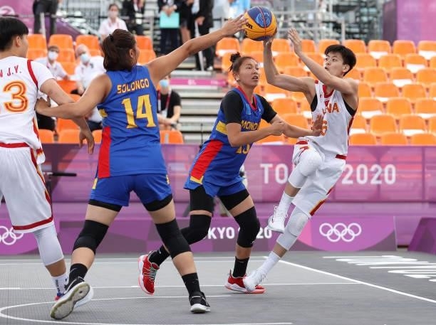 Shuyu Yang of Team China shoots in the 3x3 Basketball competition on day four of the Tokyo 2020 Olympic Games at Aomi Urban Sports Park on July 27,...