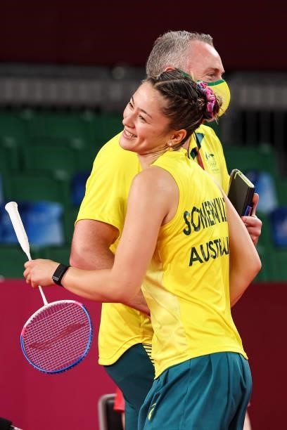 Gronya Somerville celebrates with her coach after she and Setyana Mapasa of Team Australia win against Maiken Fruergaard and Sara Thygesen of Team...