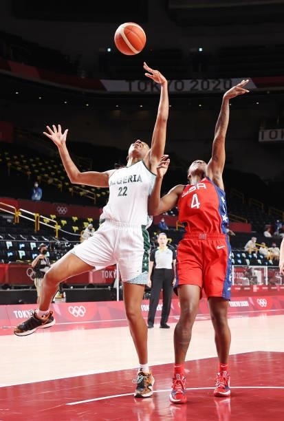 Oderah Chidom of Team Nigeria goes up for a shot against Jewell Loyd of Team United States during a Women's Preliminary Round Group B game on day...