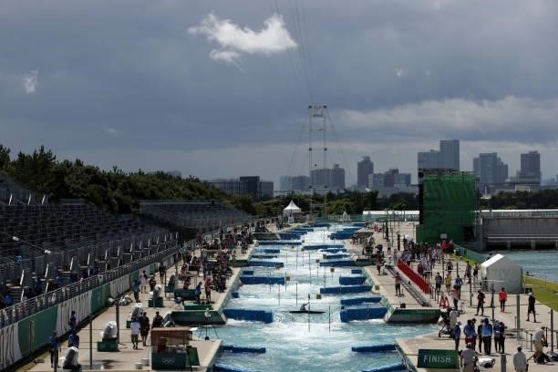 Kayaker makes their way down course prior to the Women's Kayak Slalom Semi-final on day four of the Tokyo 2020 Olympic Games at Kasai Canoe Slalom...