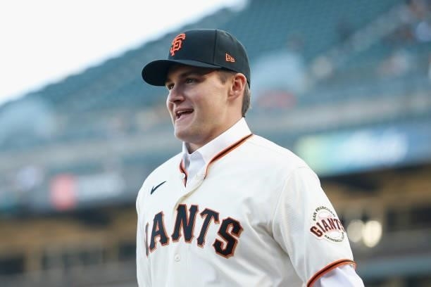 San Francisco Giants 2021 first-round draft pick Will Bednar looks on before the game between the San Francisco Giants and the Pittsburgh Pirates at...