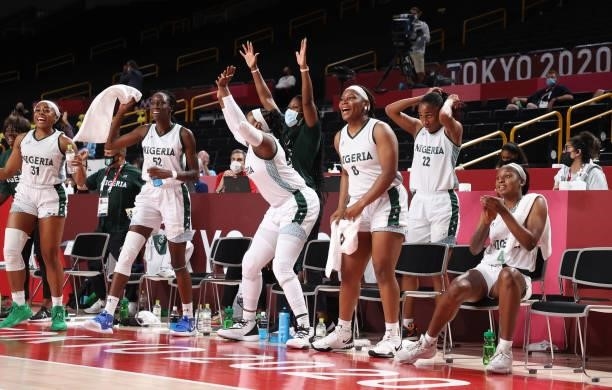 Nigeria cheers against United States of America during a Women's Preliminary Round Group B game on day four of the Tokyo 2020 Olympic Games at...