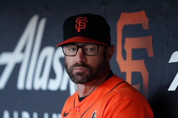 Manager Gabe Kapler of the San Francisco Giants looks on from the dugout before the game against the Pittsburgh Pirates at Oracle Park on July 23,...