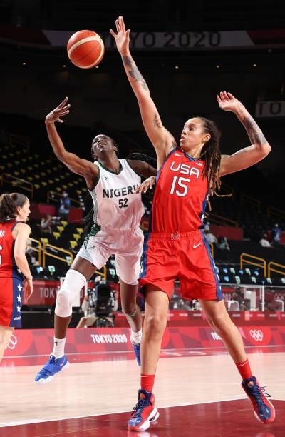 Ify Ibekwe of Team Nigeria goes up for a shot against Brittney Griner of Team United States during a Women's Preliminary Round Group B game on day...