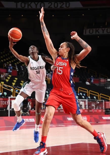 Ify Ibekwe of Team Nigeria goes up for a shot against Brittney Griner of Team United States during a Women's Preliminary Round Group B game on day...