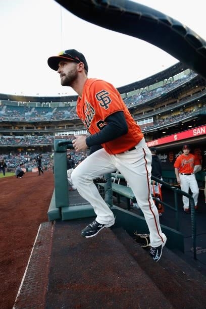Steven Duggar of the San Francisco Giants leaves the dugout before the game against the Pittsburgh Pirates at Oracle Park on July 23, 2021 in San...