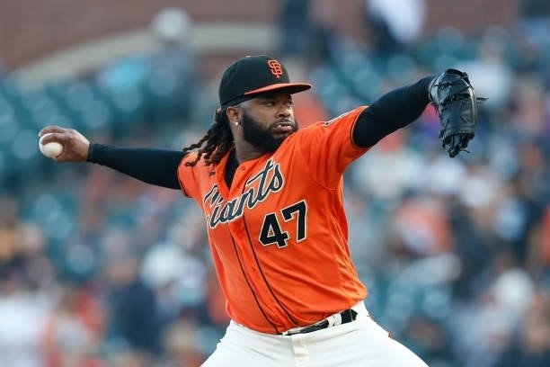 Johnny Cueto of the San Francisco Giants pitches against the Pittsburgh Pirates at Oracle Park on July 23, 2021 in San Francisco, California.