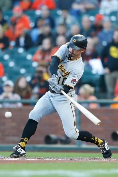 Bryan Reynolds of the Pittsburgh Pirates at bat against the San Francisco Giants at Oracle Park on July 23, 2021 in San Francisco, California.