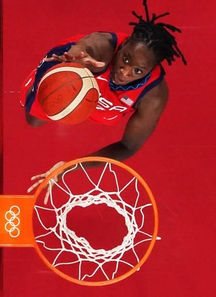Tina Charles of Team United States goes up for a shot against Nigeria during a Women's Preliminary Round Group B game on day four of the Tokyo 2020...