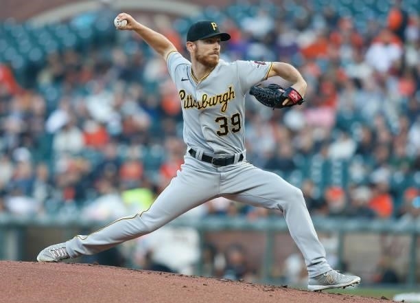 Chad Kuhl of the Pittsburgh Pirates pitches against the San Francisco Giants at Oracle Park on July 23, 2021 in San Francisco, California.