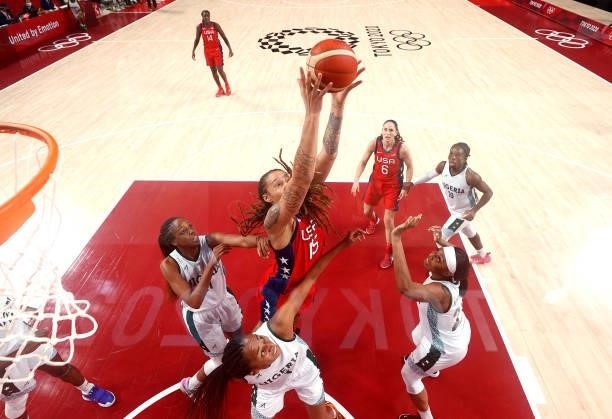 Brittney Griner of Team United States grabs a rebound against Nigeria during a Women's Preliminary Round Group B game on day four of the Tokyo 2020...