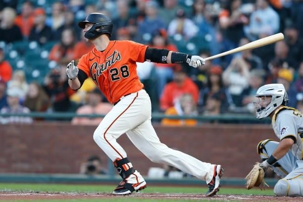 Buster Posey of the San Francisco Giants at bat against the Pittsburgh Pirates at Oracle Park on July 23, 2021 in San Francisco, California.