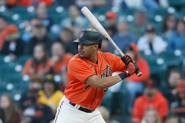 LaMonte Wade Jr of the San Francisco Giants at bat against the Pittsburgh Pirates at Oracle Park on July 23, 2021 in San Francisco, California.