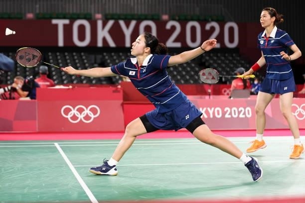 Kim Soyeong and Kong Heeyong of Team South Korea compete against Chen Qing Chen and Jia Yi Fan of Team China during a Women's Doubles Group D match...