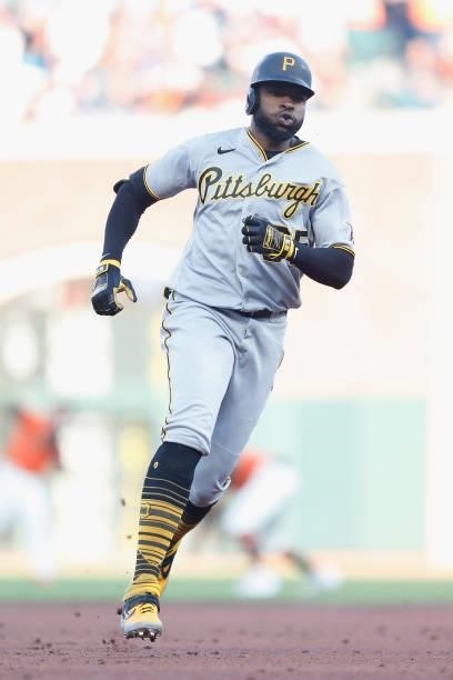 Gregory Polanco of the Pittsburgh Pirates runs to third base against the San Francisco Giants at Oracle Park on July 23, 2021 in San Francisco,...