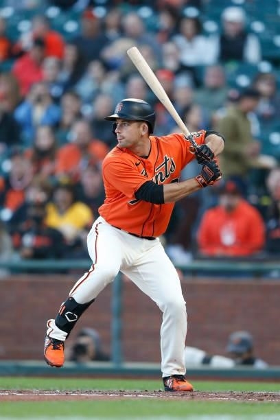 Jason Vosler of the San Francisco Giants at bat against the Pittsburgh Pirates at Oracle Park on July 23, 2021 in San Francisco, California.