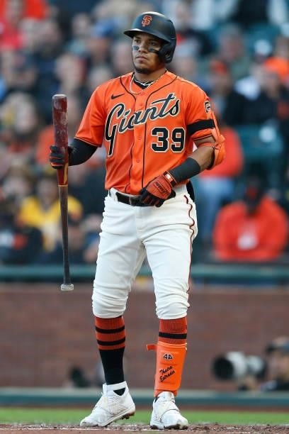 Thairo Estrada of the San Francisco Giants looks on while at bat against the Pittsburgh Pirates at Oracle Park on July 23, 2021 in San Francisco,...