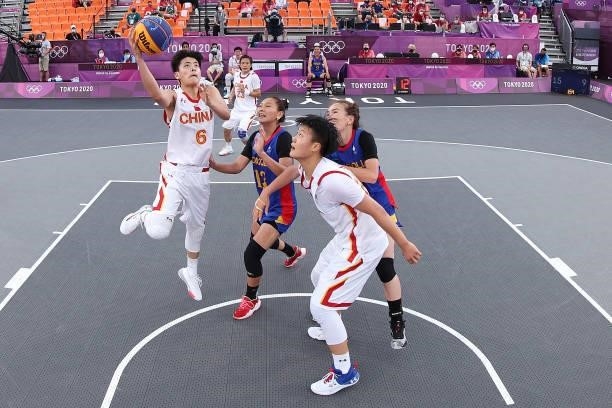 Shuyu Yang of Team China drives to the basket in the 3x3 Basketball competition on day four of the Tokyo 2020 Olympic Games at Aomi Urban Sports Park...