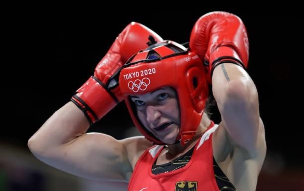 Nadine Apetz of Germany looks during the Women's Welter on day four of the Tokyo 2020 Olympic Games at Kokugikan Arena on July 27, 2021 in Tokyo,...