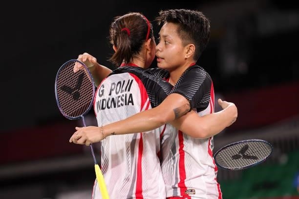 Greysia Polii and Apriyani Rahayu of Team Indonesia celebrate as they win against Yuki Fukushima and Sayaka Hirota of Team Japan during a Women's...