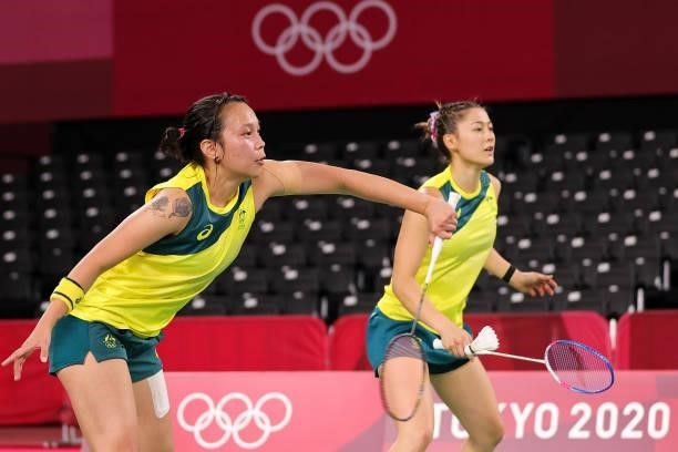 Setyana Mapasa and Gronya Somerville of Team Australia compete against Maiken Fruergaard and Sara Thygesen of Team Denmark during a Women's Doubles...