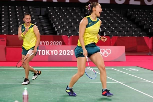 Setyana Mapasa and Gronya Somerville of Team Australia react as they compete against Maiken Fruergaard and Sara Thygesen of Team Denmark during a...