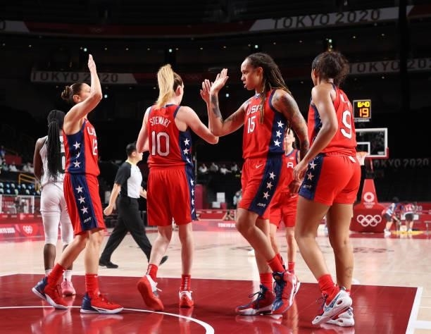 Brittney Griner of Team United States celebrates drawing a foul against Nigeria during the second half of a Women's Preliminary Round Group B game on...