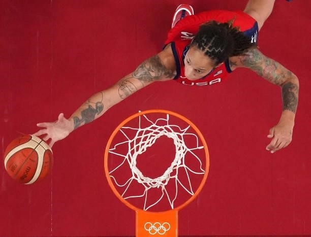 Brittney Griner of Team United States goes up for a shot against Nigeria during the second half of a Women's Preliminary Round Group B game on day...
