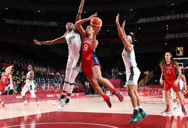 Ja Wilson of Team United States goes up for a shot against Victoria Macaulay of Team Nigeria during the second half of a Women's Preliminary Round...