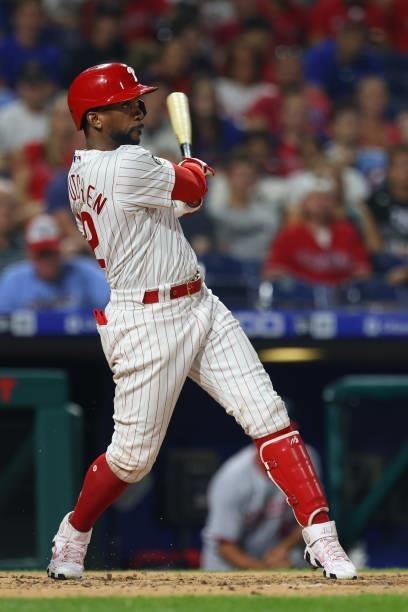 Andrew McCutchen of the Philadelphia Phillies in action against the Washington Nationals at Citizens Bank Park on July 26, 2021 in Philadelphia,...