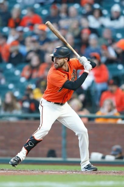 Steven Duggar of the San Francisco Giants hits a solo home run against the Pittsburgh Pirates at Oracle Park on July 23, 2021 in San Francisco,...
