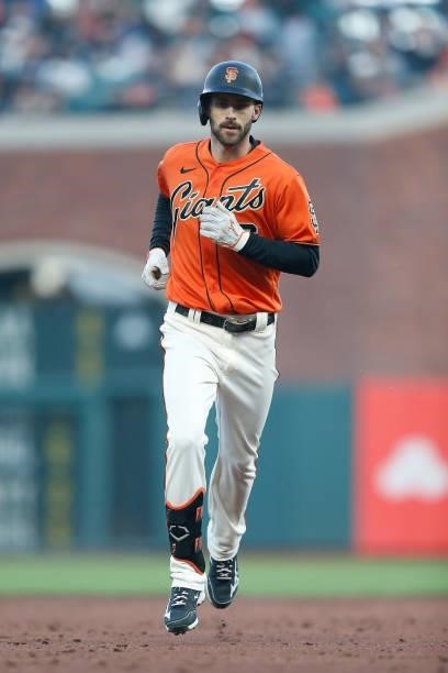 Steven Duggar of the San Francisco Giants rounds the bases after hitting a solo home run against the Pittsburgh Pirates at Oracle Park on July 23,...