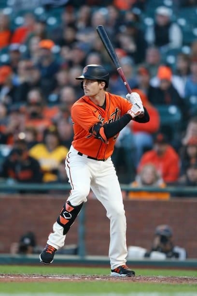Mike Yastrzemski of the San Francisco Giants at bat against the Pittsburgh Pirates at Oracle Park on July 23, 2021 in San Francisco, California.