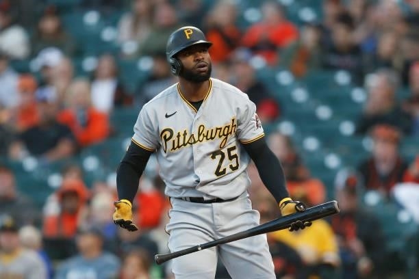 Gregory Polanco of the Pittsburgh Pirates looks on while at bat against the San Francisco Giants at Oracle Park on July 23, 2021 in San Francisco,...