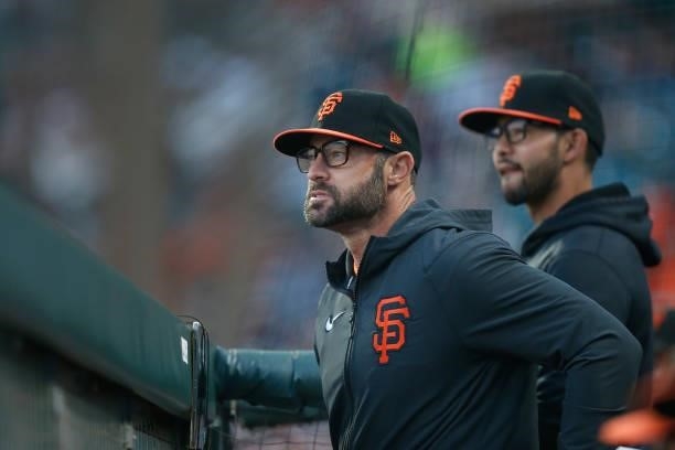 Manager Gabe Kapler of the San Francisco Giants looks on from the dugout during the game against the Pittsburgh Pirates at Oracle Park on July 23,...