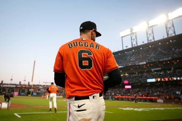 Steven Duggar of the San Francisco Giants walks onto the field against the Pittsburgh Pirates at Oracle Park on July 23, 2021 in San Francisco,...