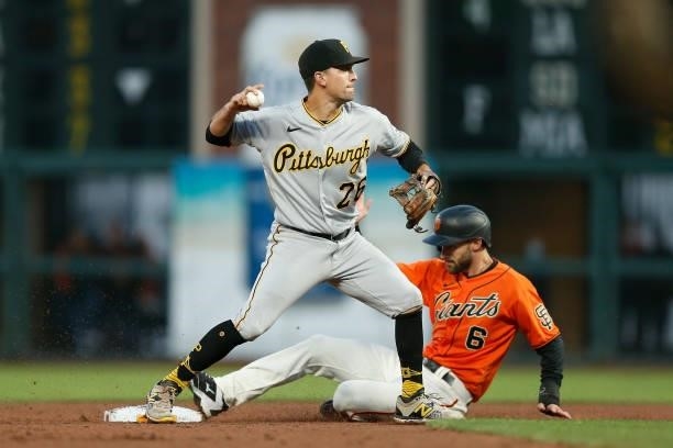 Adam Frazier of the Pittsburgh Pirates gets the out at second base of Steven Duggar of the San Francisco Giants at Oracle Park on July 23, 2021 in...