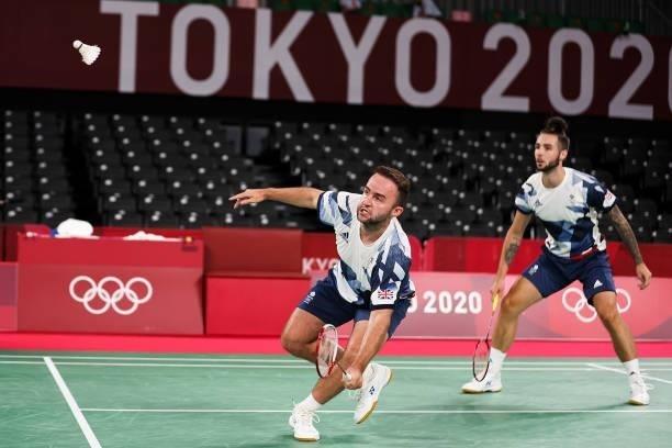 Ben Lane and Sean Vendy of Team Great Britain compete against Satwiksairaj Rankireddy and Chirag Shetty of Team India during a Men's Doubles Group A...