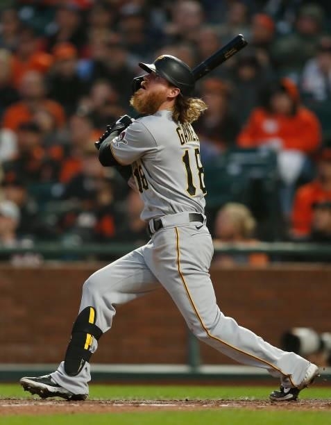 Ben Gamel of the Pittsburgh Pirates at bat against the San Francisco Giants at Oracle Park on July 23, 2021 in San Francisco, California.