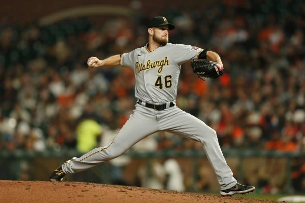 Chris Stratton of the Pittsburgh Pirates pitches against the San Francisco Giants at Oracle Park on July 23, 2021 in San Francisco, California.